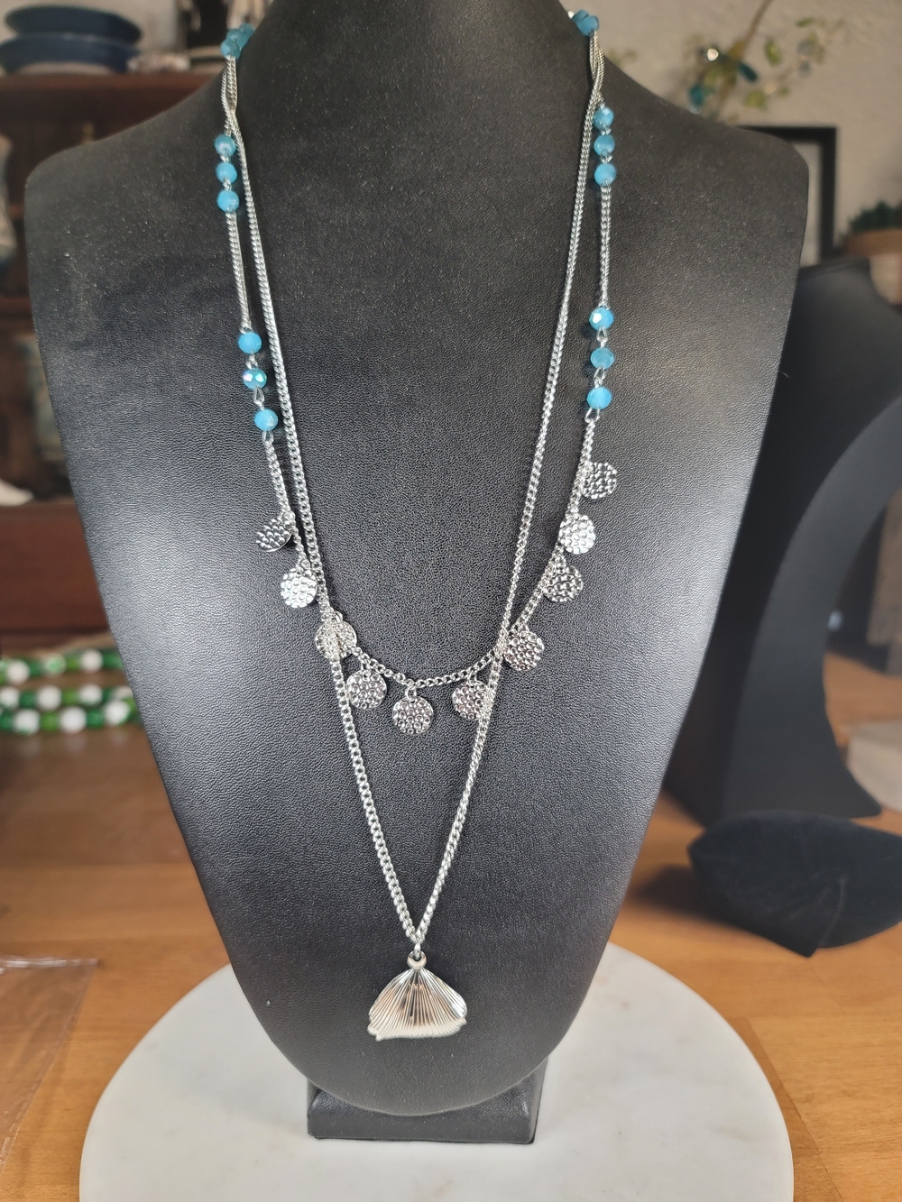 paparazzi Silver Layered Necklace with Turquoise Beads and Leaf Charm